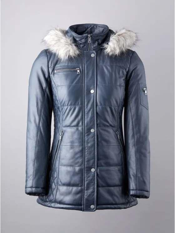 Navy Hooded Padded Leather Coat