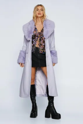 Faux Leather Coat with Fur Trim and Belt