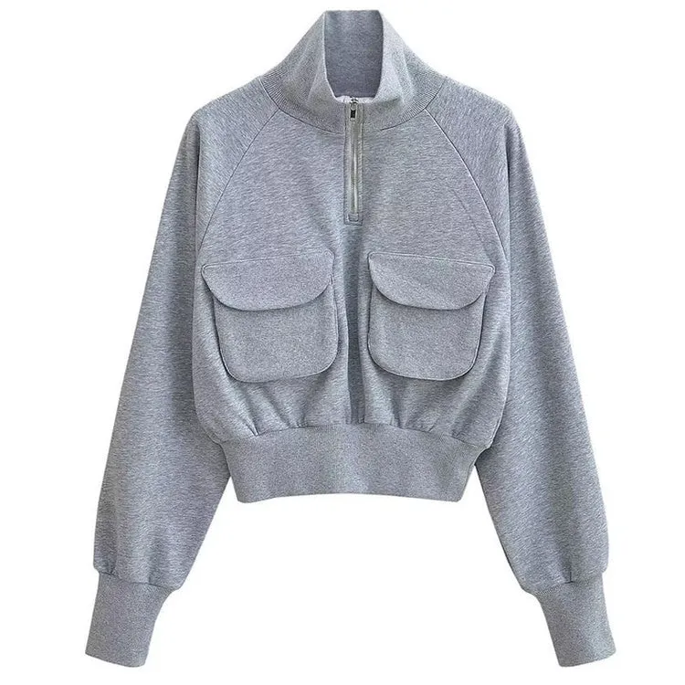 Front Pockets Grey Zip Up Sweatshirt