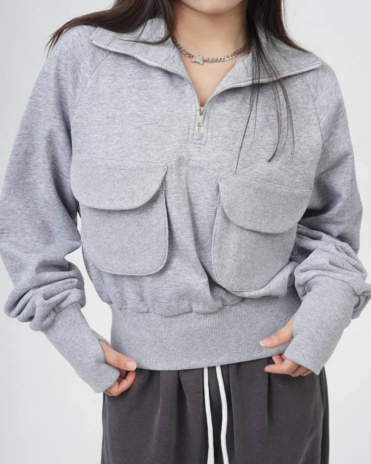 Front Pockets Grey Zip Up Sweatshirt