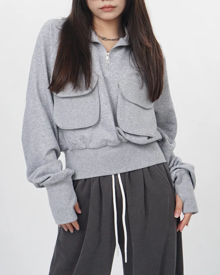 Front Pockets Grey Zip Up Sweatshirt