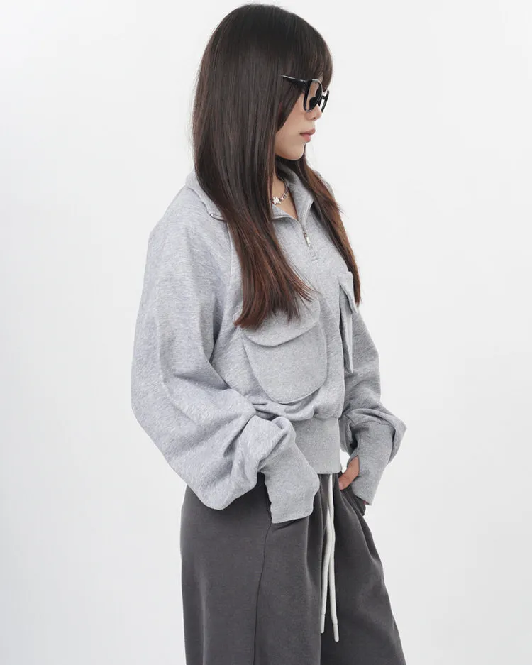 Front Pockets Grey Zip Up Sweatshirt