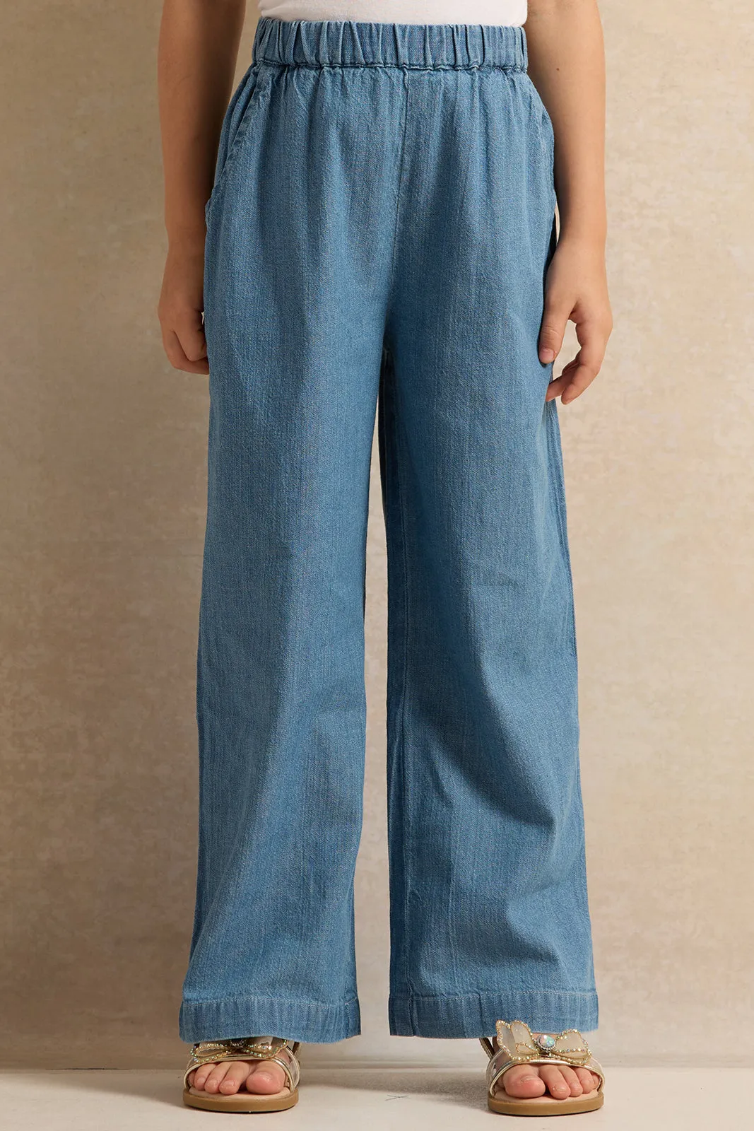 Girls Blue Denim Wide Leg Trousers