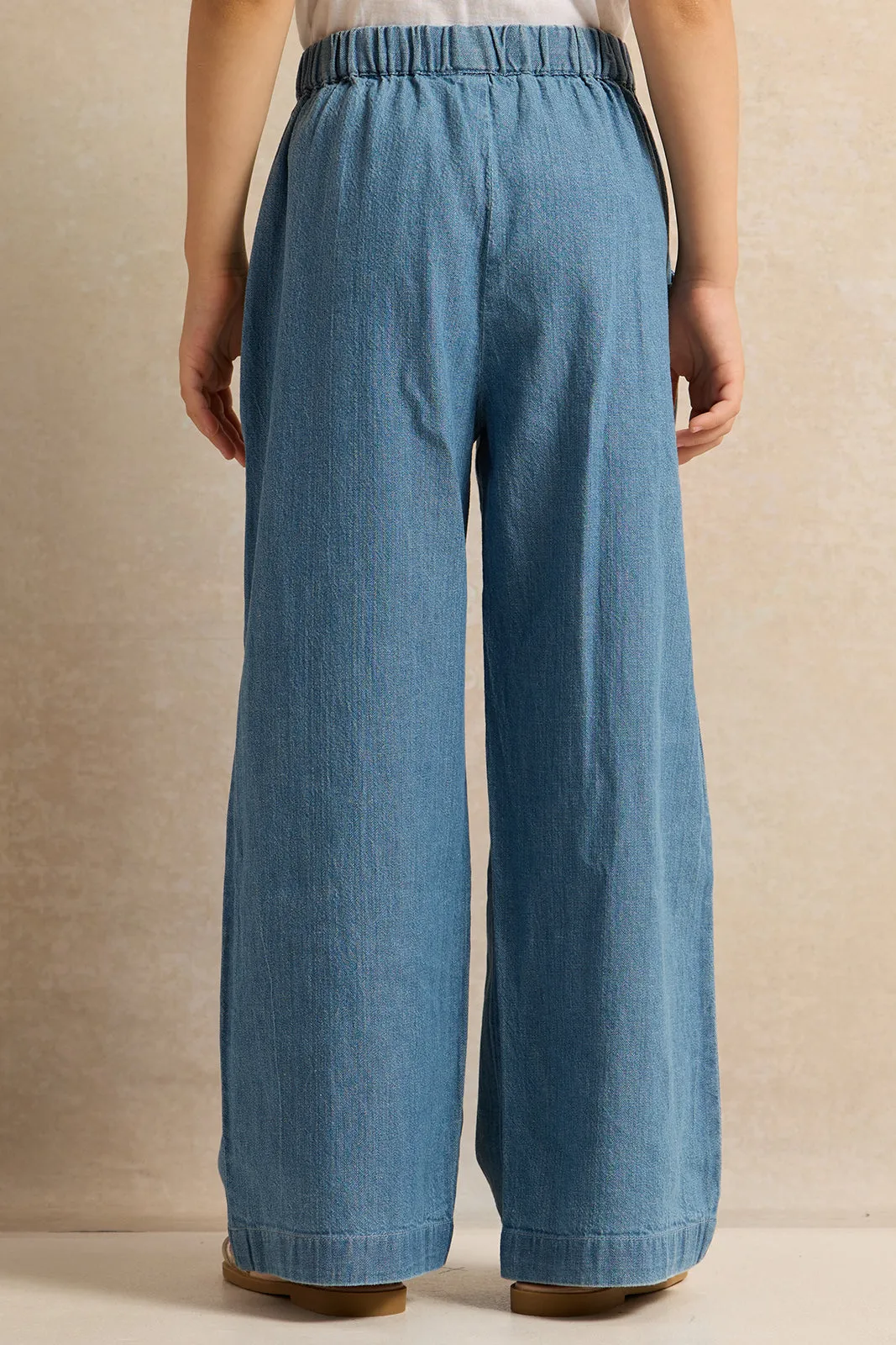 Girls Blue Denim Wide Leg Trousers