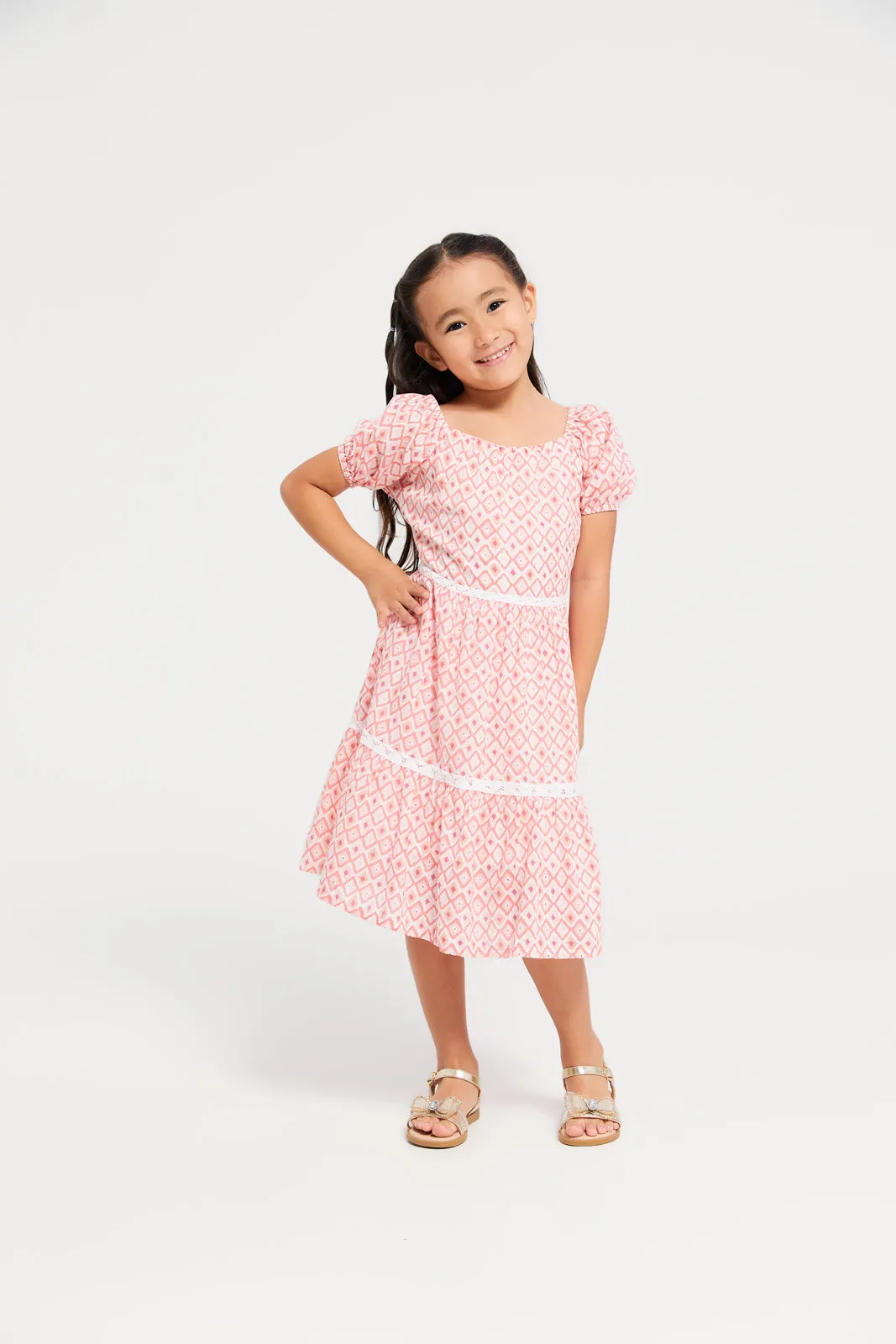 Girls Coral And White Printed Tiered Dress