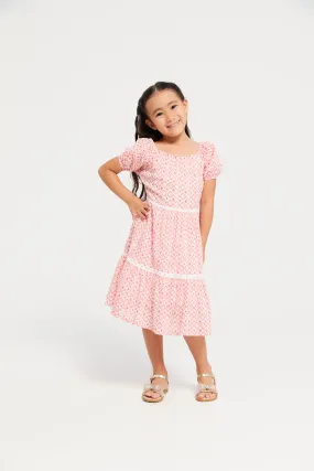 Girls Coral And White Printed Tiered Dress