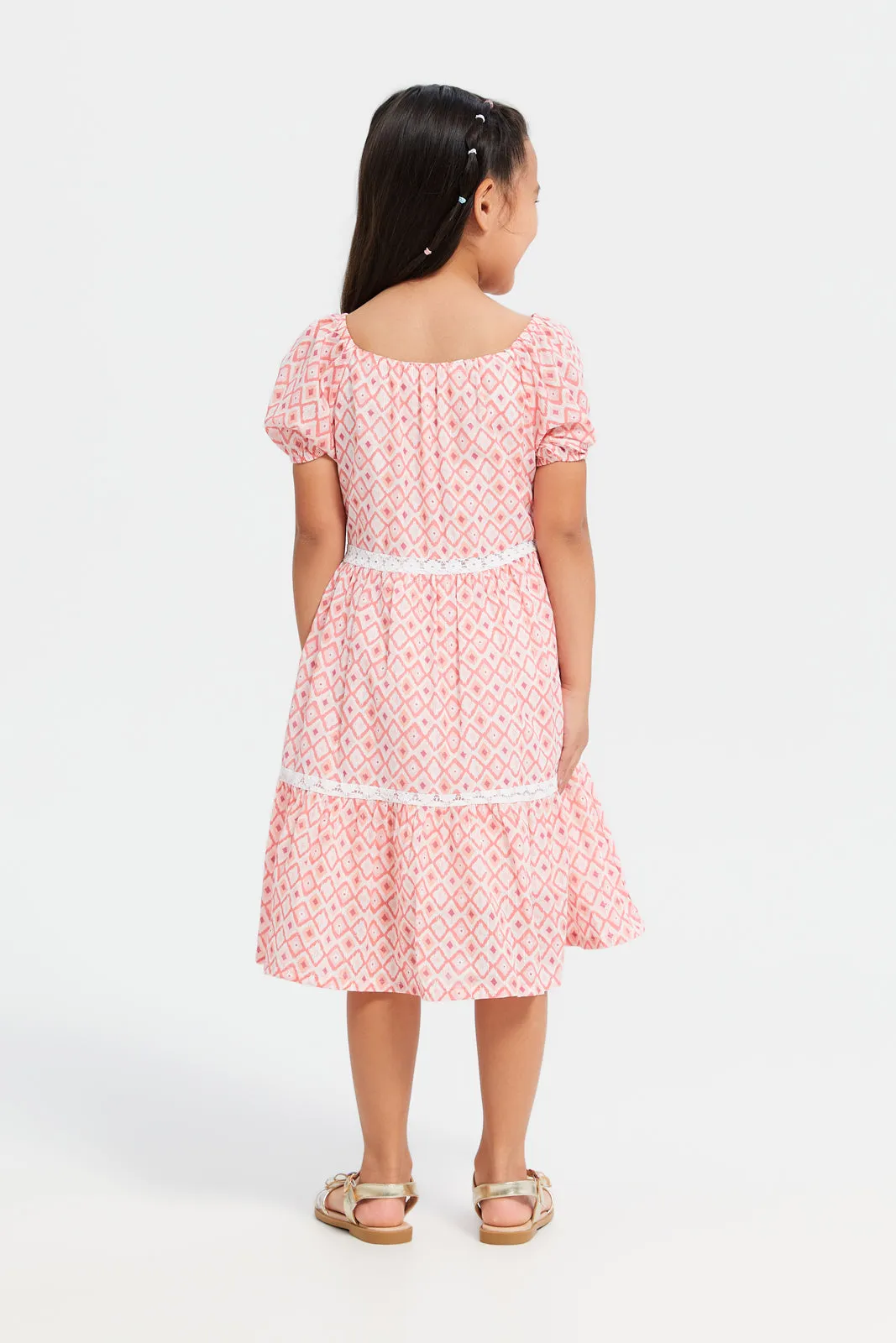 Girls Coral And White Printed Tiered Dress