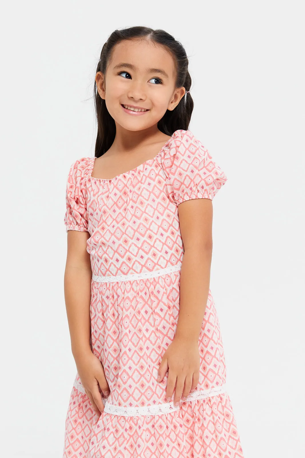 Girls Coral And White Printed Tiered Dress