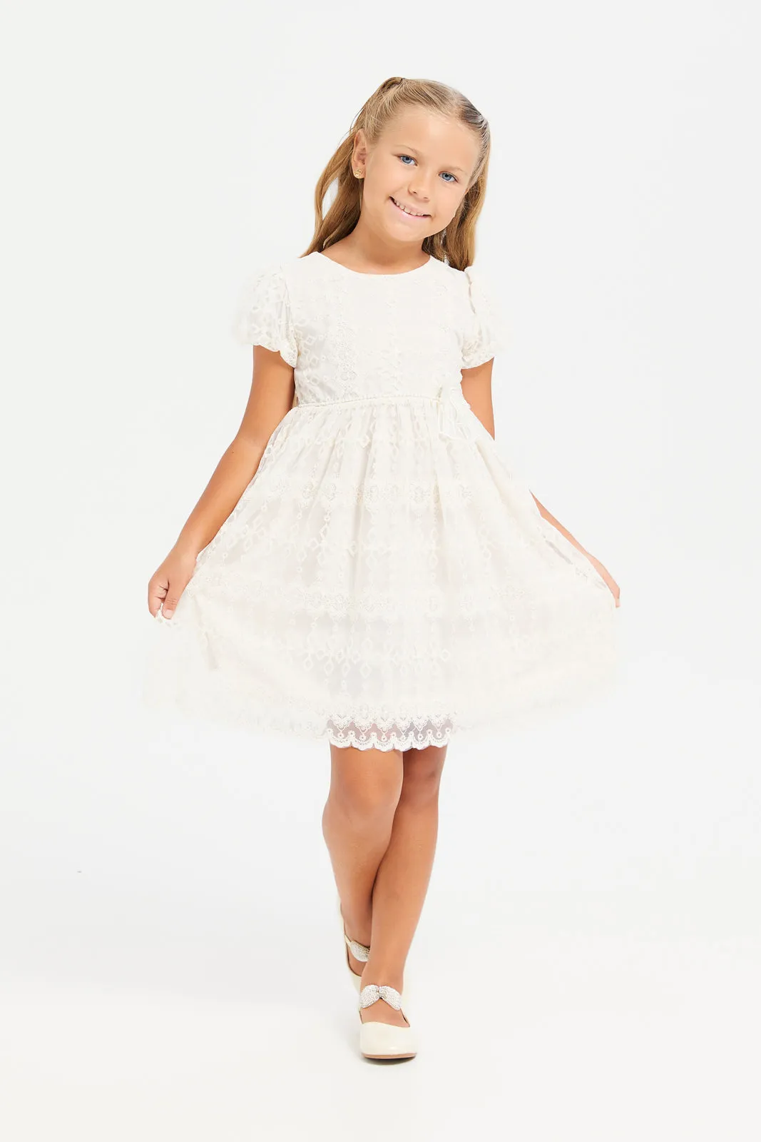 Girls Cream Embroidered Dress