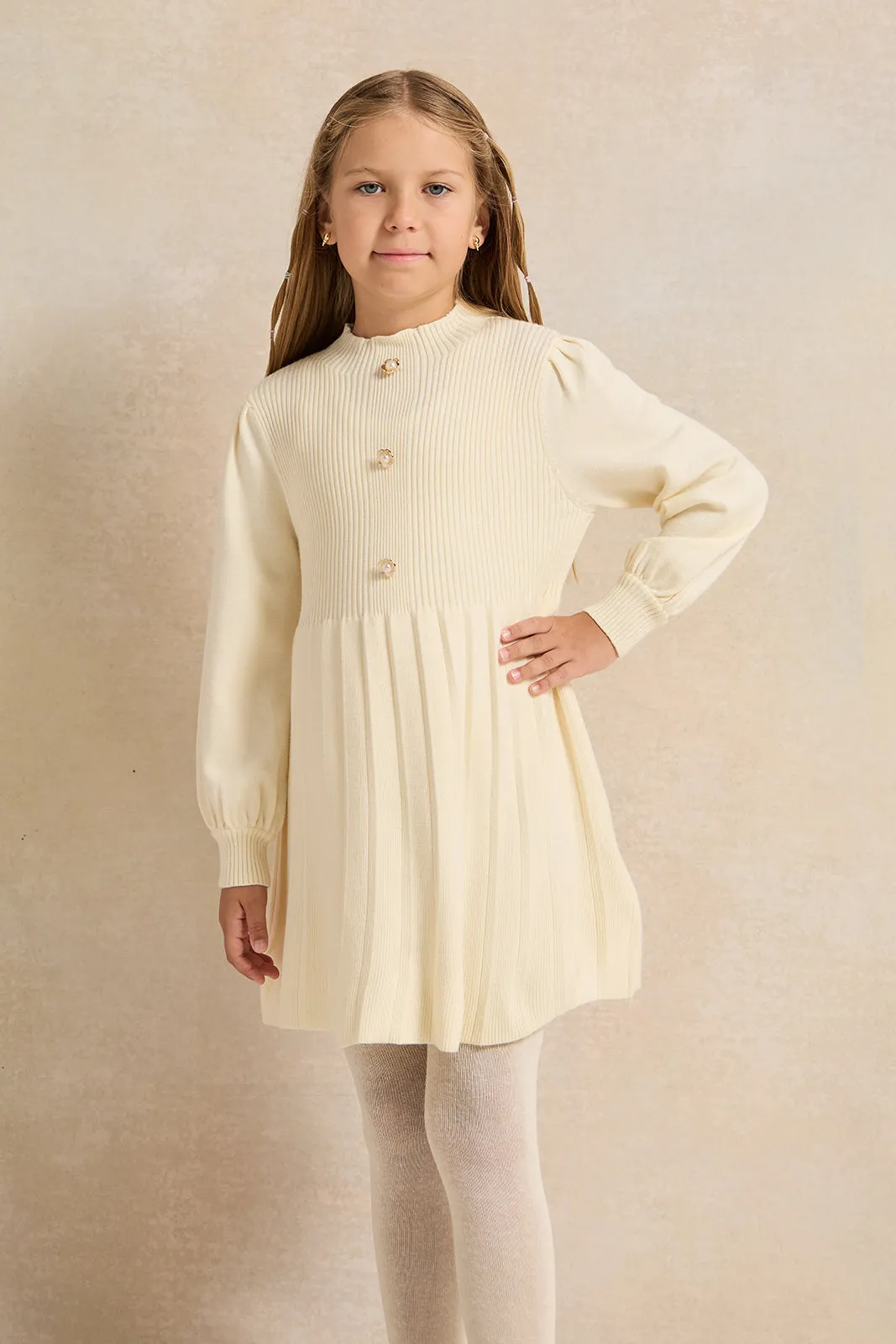 Girls Ivory High Neck Dress With Leggins (2 Piece)