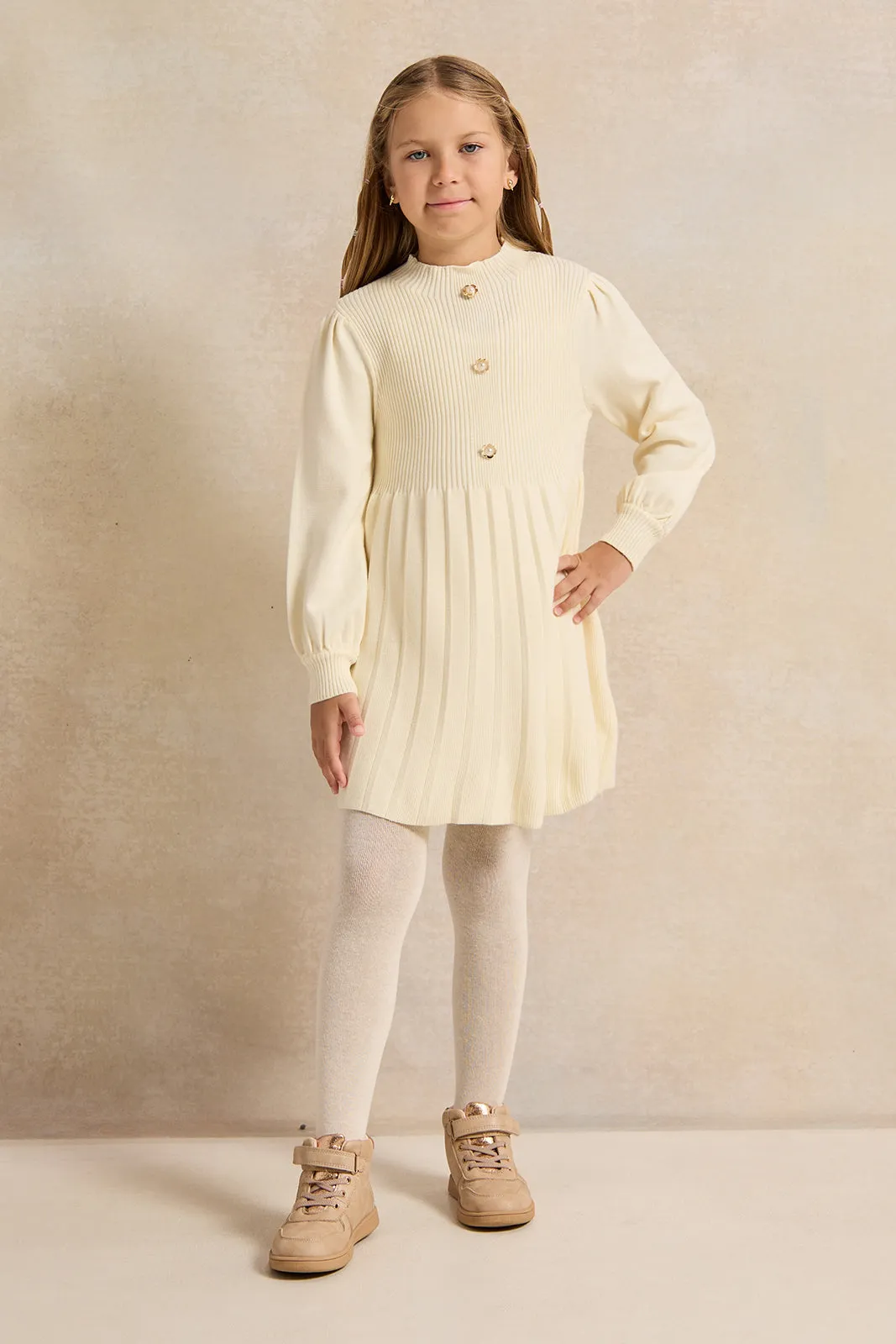 Girls Ivory High Neck Dress With Leggins (2 Piece)