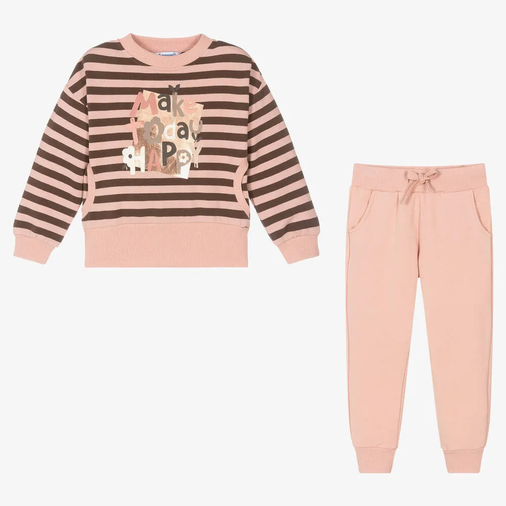 Girls Pink & Brown Cotton Tracksuit