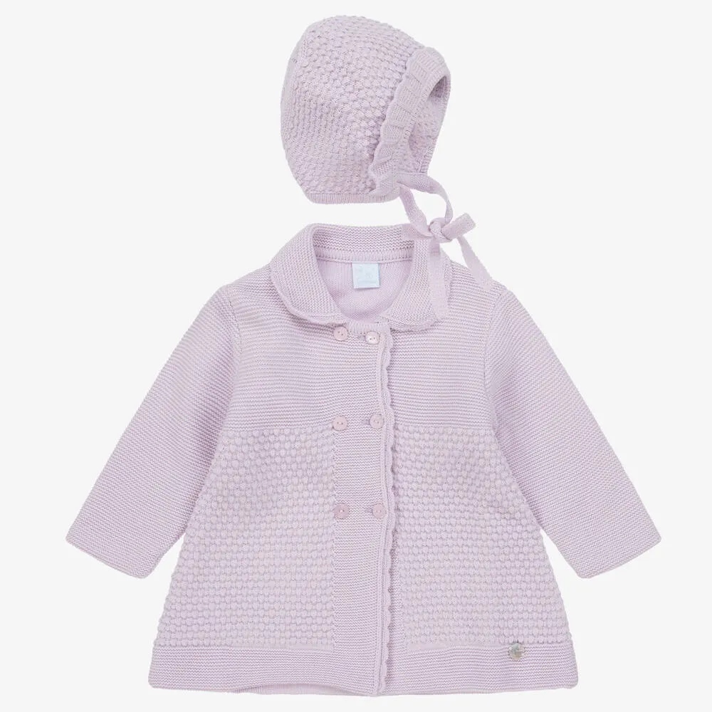 Girls purple knitted coat and bonnet set