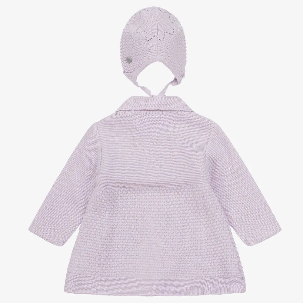 Girls purple knitted coat and bonnet set