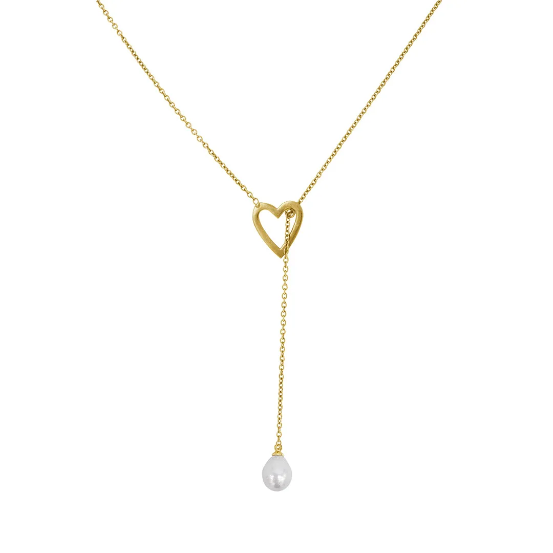 Gold Heart Freshwater Pearl Lariat Necklace - Slide Thru