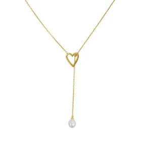 Gold Heart Freshwater Pearl Lariat Necklace - Slide Thru