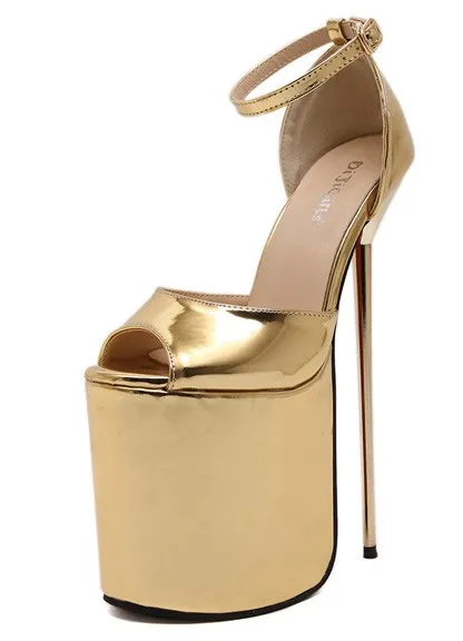 Gold Shiny Mirror Peeptoe Sandals with Stiletto High Heels Platforms Shoes