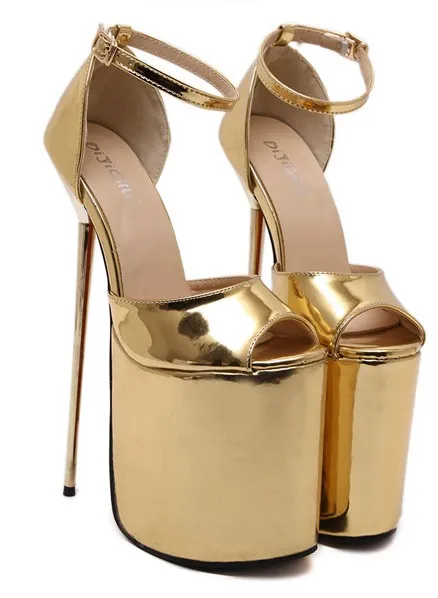 Gold Shiny Mirror Peeptoe Sandals with Stiletto High Heels Platforms Shoes