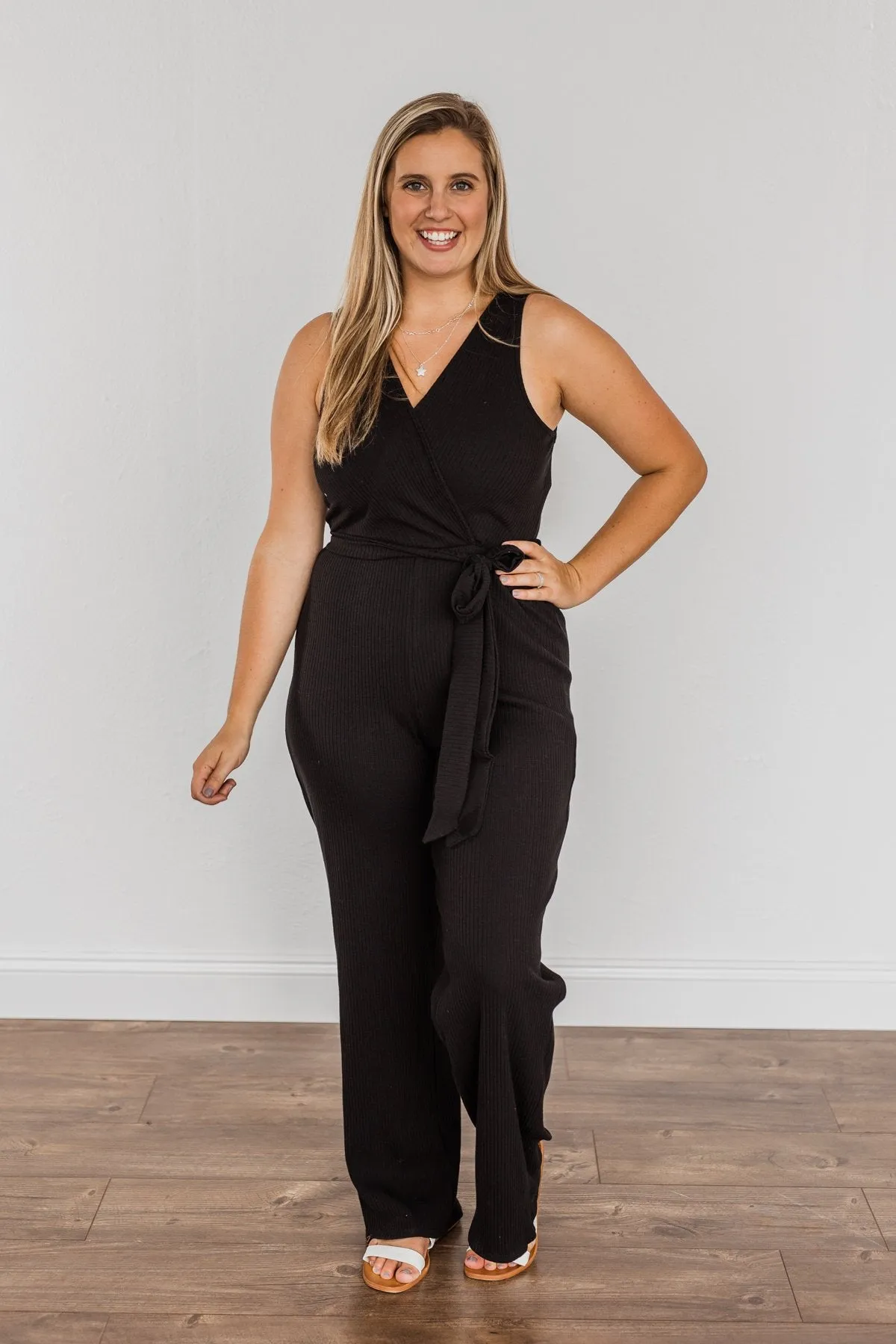 Black Good Times Are Coming Ribbed Knit Jumpsuit