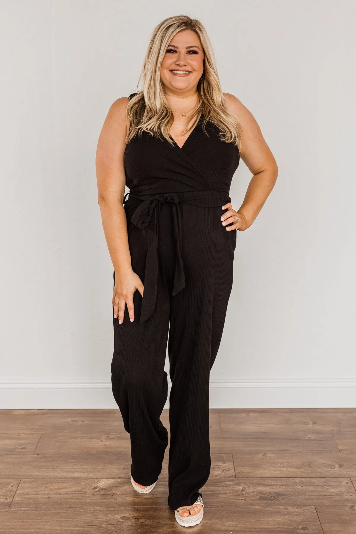 Black Good Times Are Coming Ribbed Knit Jumpsuit