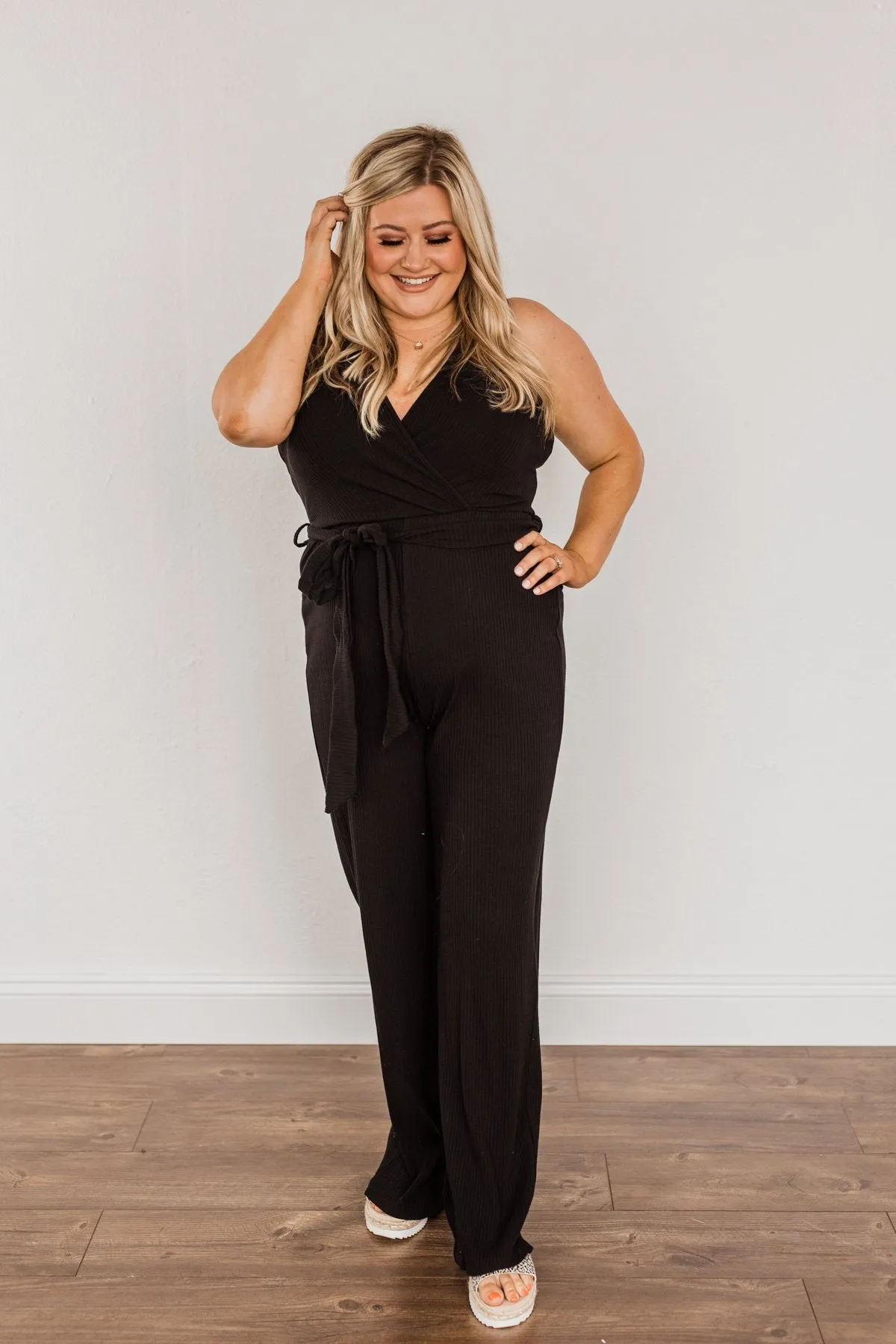 Black Good Times Are Coming Ribbed Knit Jumpsuit