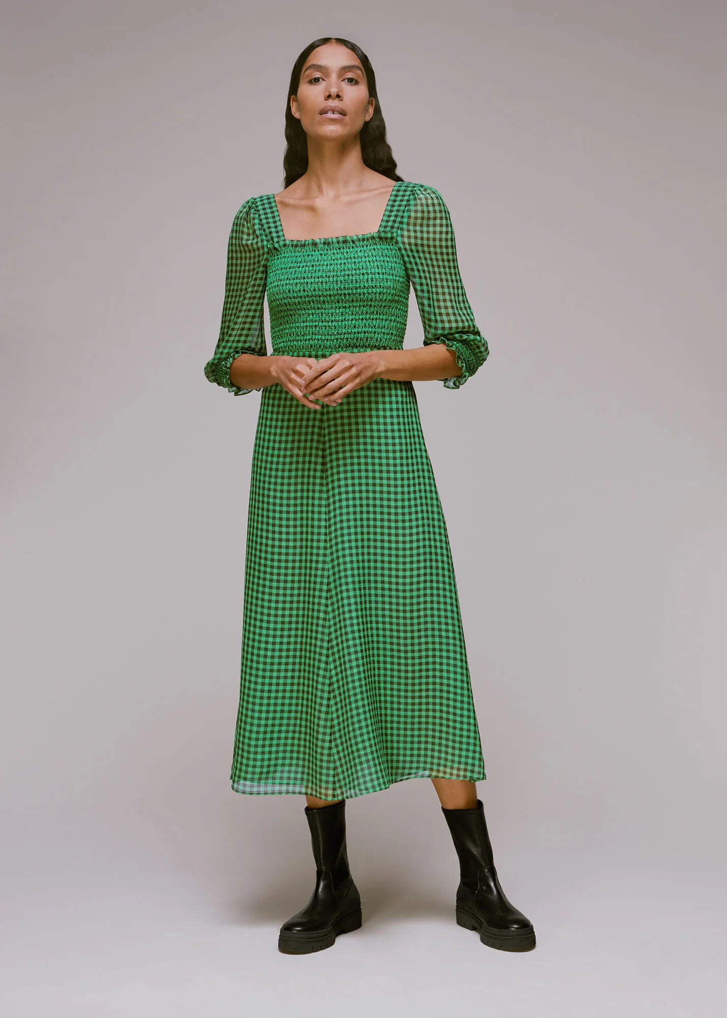 Green Lottie Gingham Shirred Dress