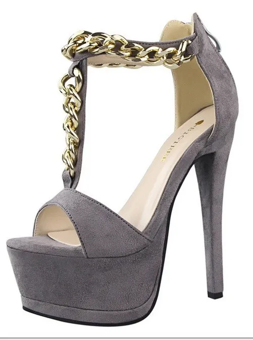 Grey Suede Gold Chain Stiletto Sandals