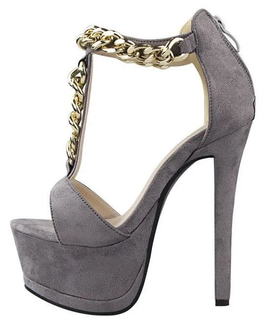 Grey Suede Gold Chain Stiletto Sandals