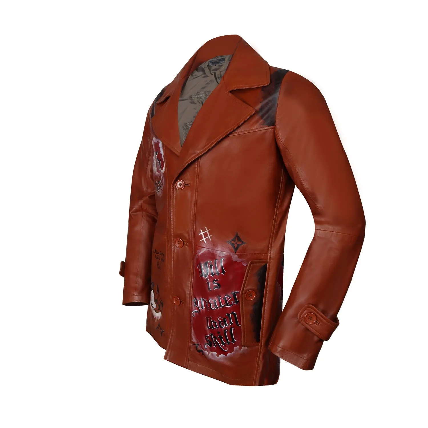 Hand Painted Will-Skill Multi-Color Quoted Tan Leather Jacket Coat By Brune & Bareskin