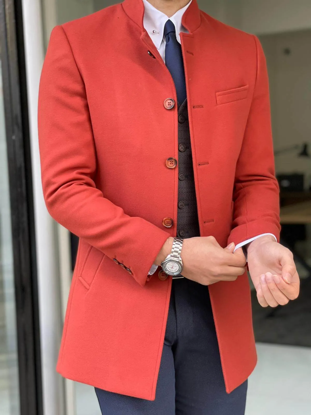 Hollo Judge Collar Tile Wool Coat