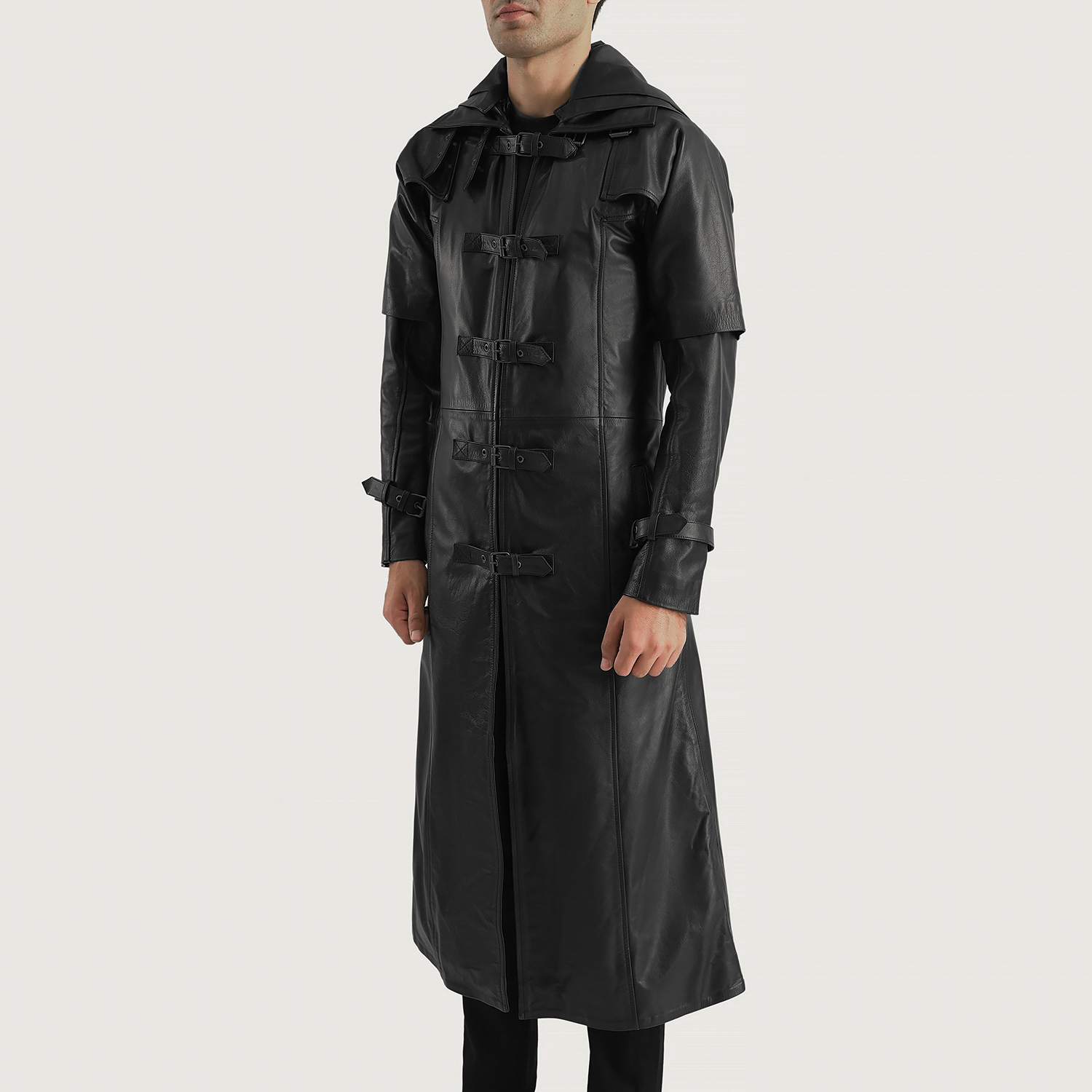 Huntsman Leather Trench Coat, Black Hooded