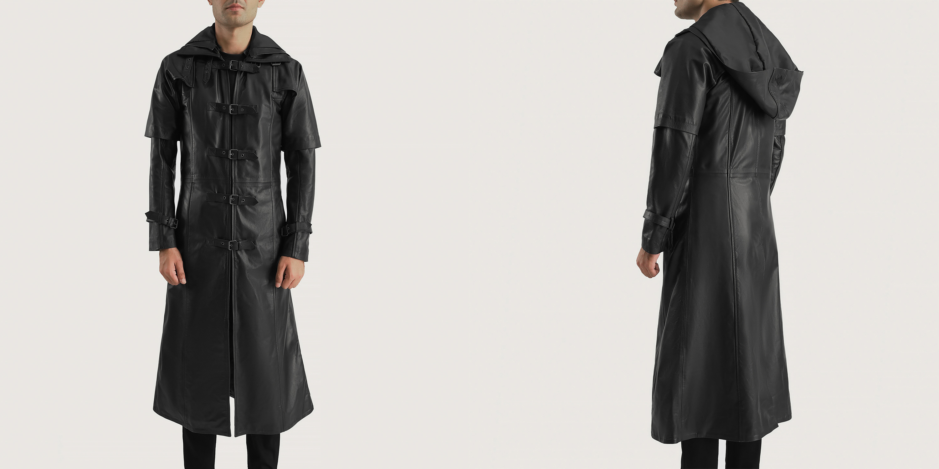 Huntsman Leather Trench Coat, Black Hooded