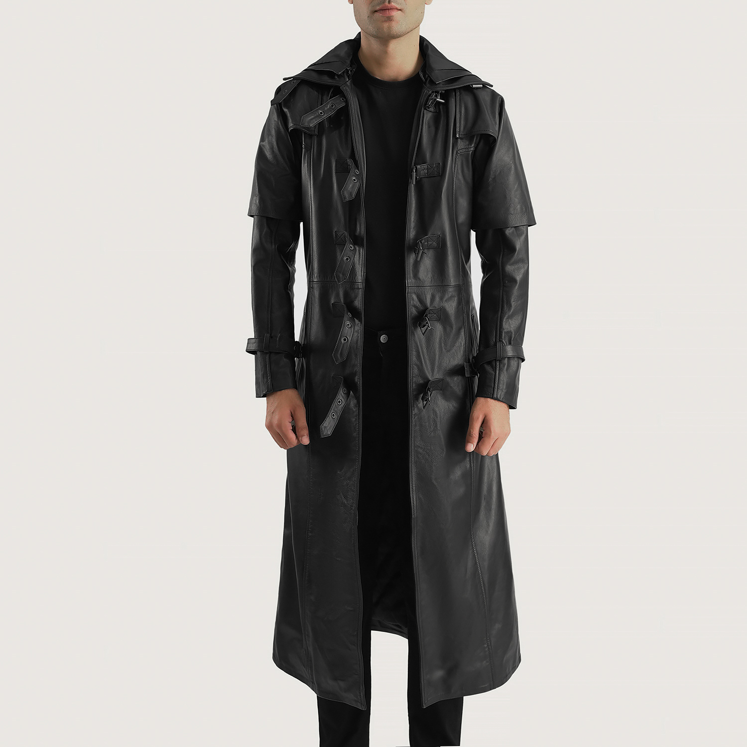 Huntsman Leather Trench Coat, Black Hooded