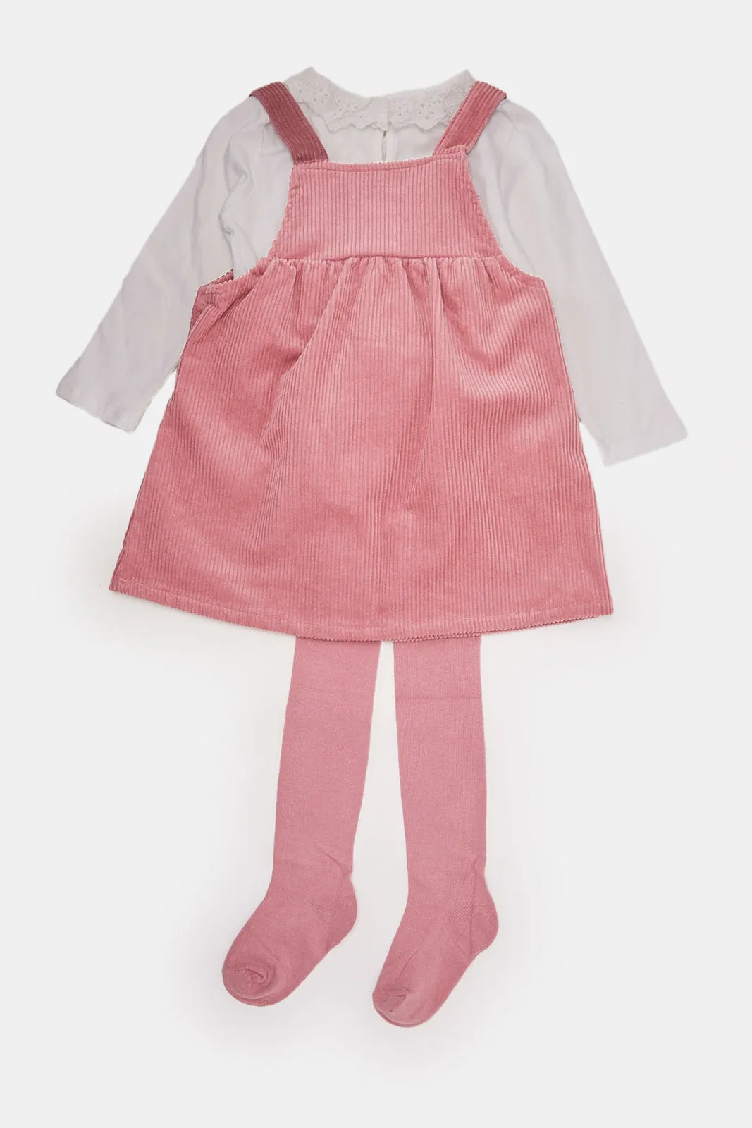 Infant Girls Pink Dress Set With Stockings Set Of (3 Piece)