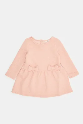 Infant Girls Pink Jacquard Dress With Front Bow