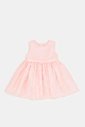 Infant Girls Pink Mesh All Over Embroidery Dress