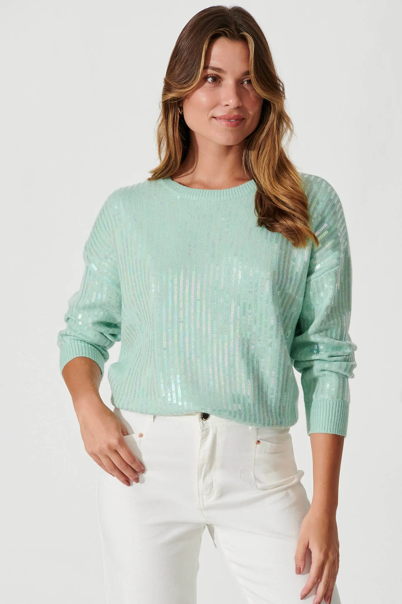 Jackson Knit In Light Green Sequin Wool Blend