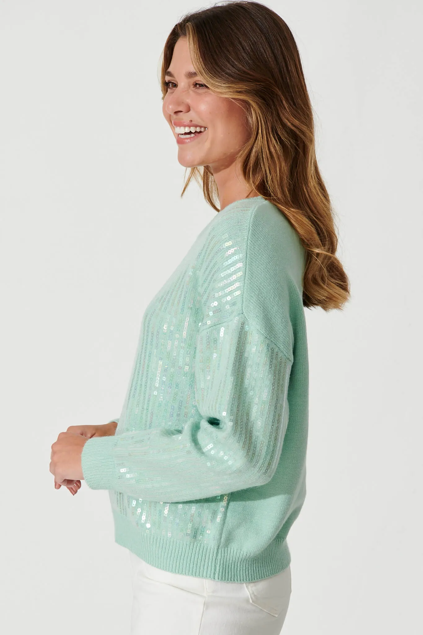 Jackson Knit In Light Green Sequin Wool Blend