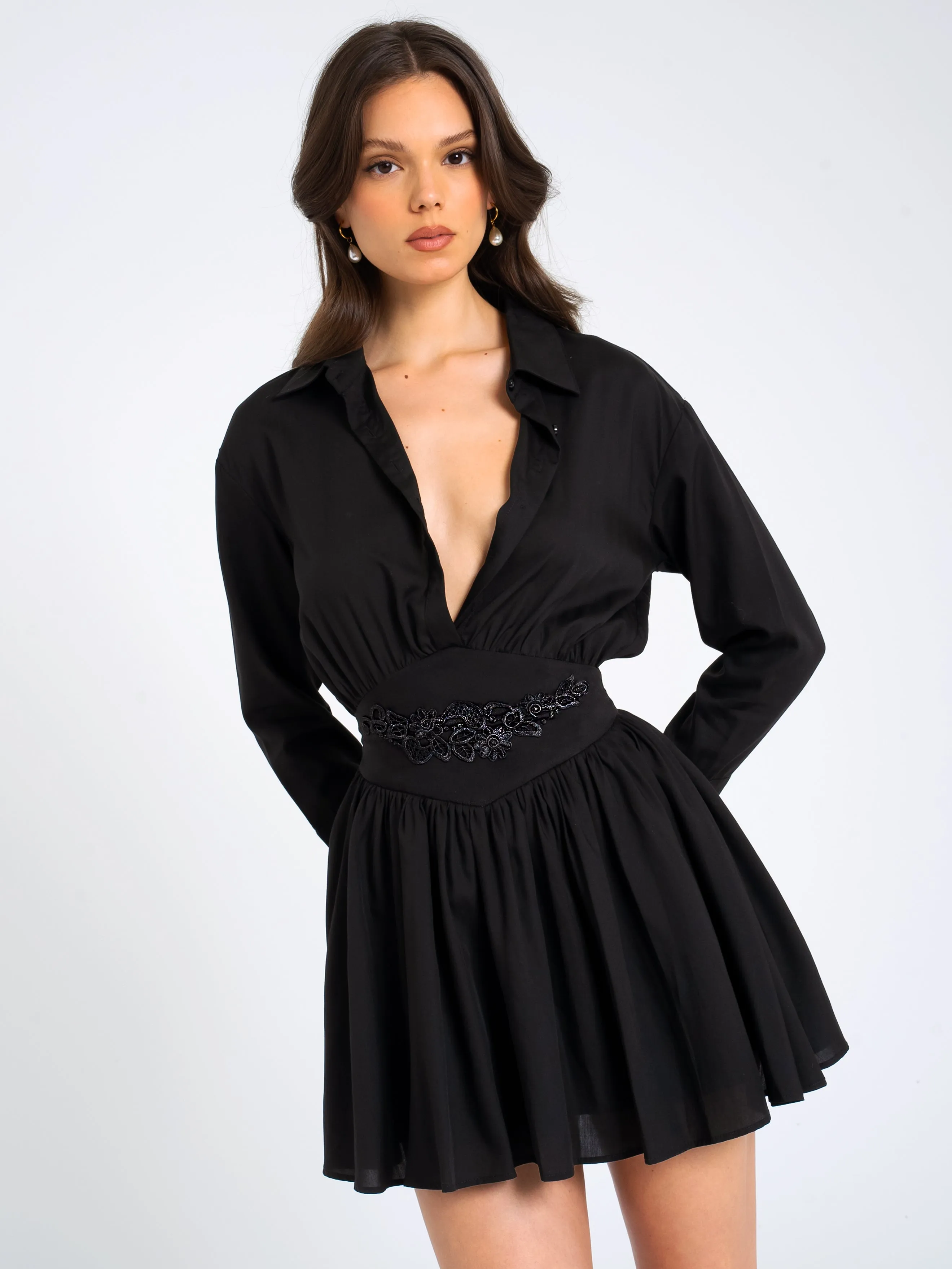 Jamila Black Shirt Mini Dress with Embroidered Waist Detail