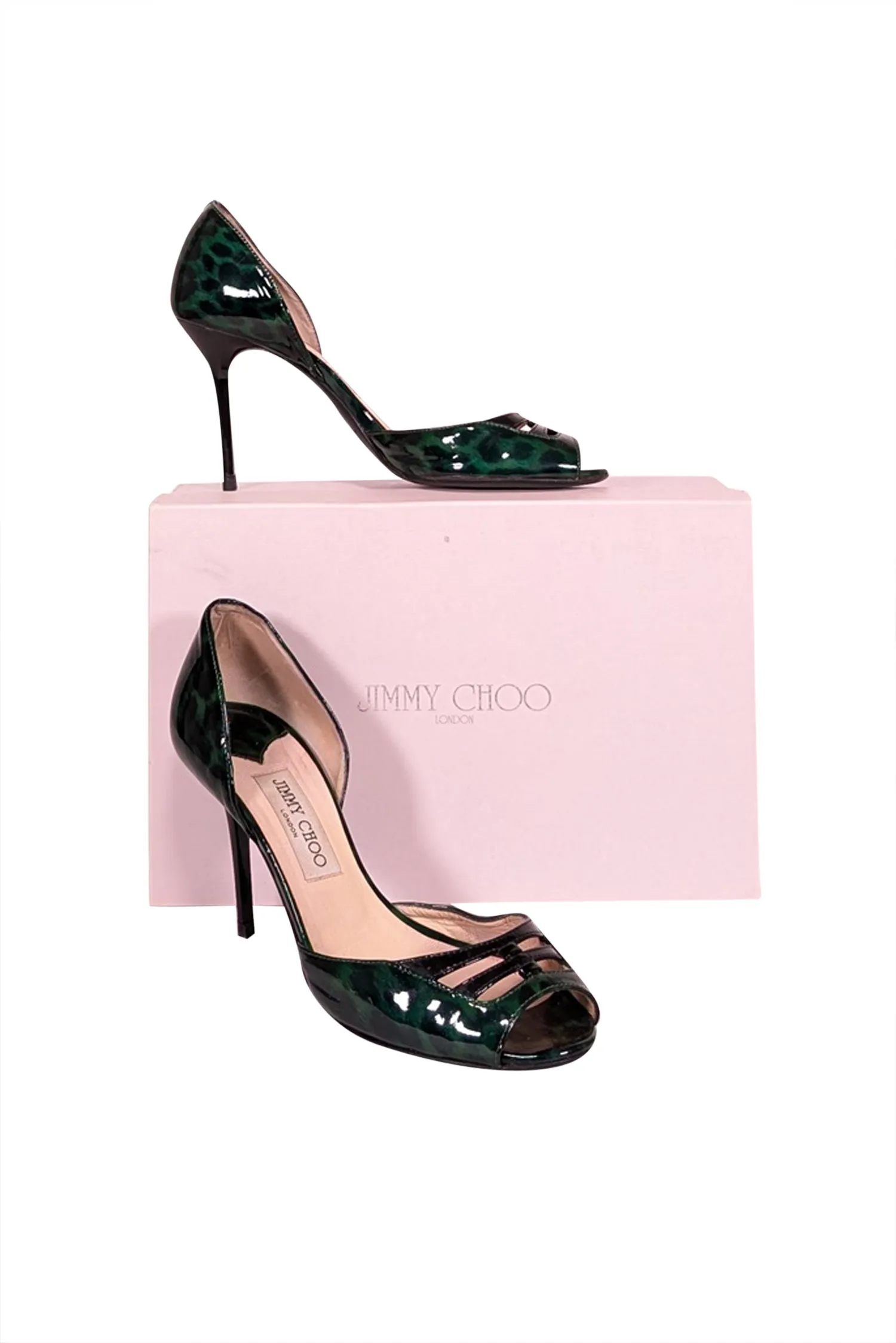 Jimmy Choo - Green Leopard Patent Leather Peep Toe Heels Sz 7.5