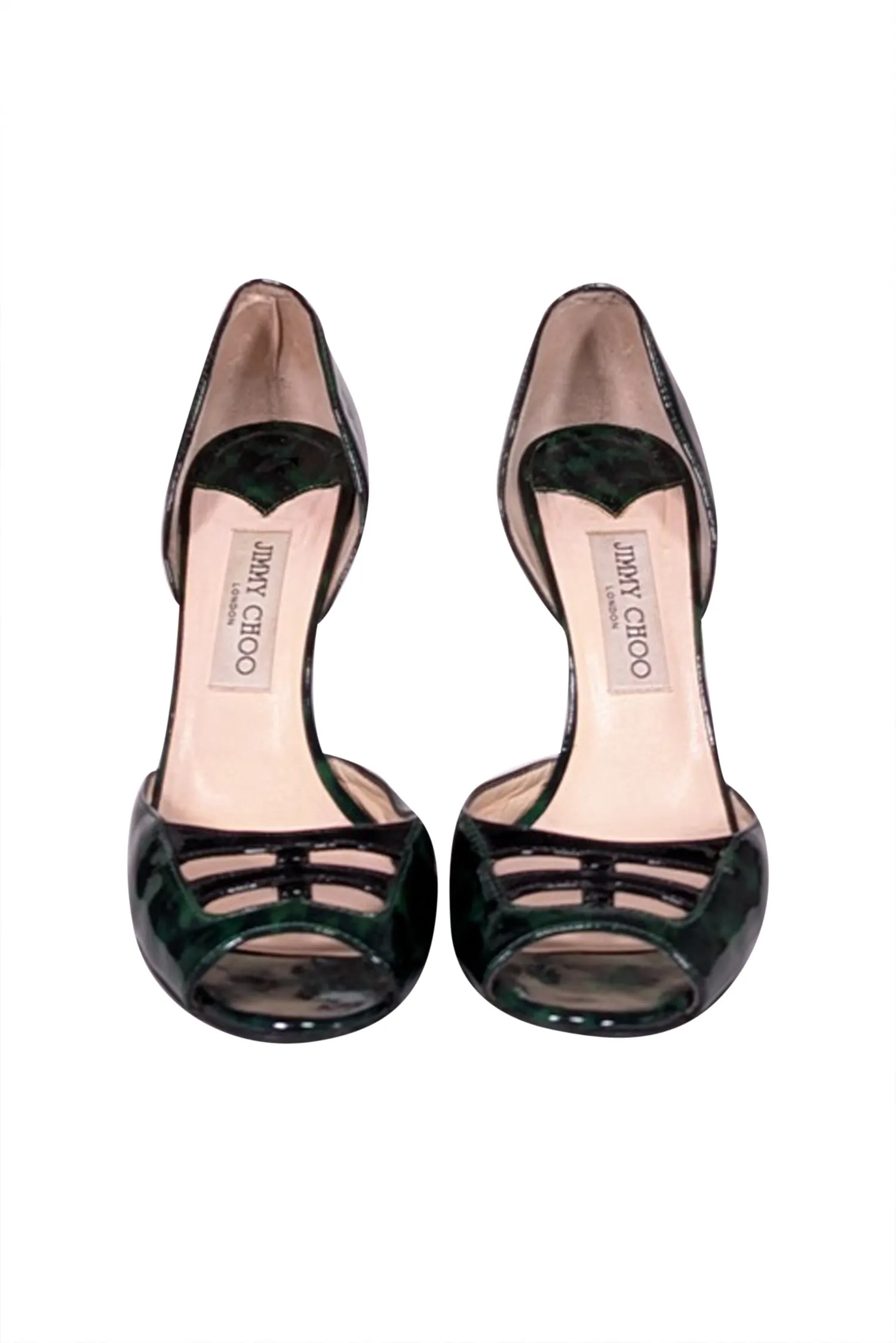 Jimmy Choo - Green Leopard Patent Leather Peep Toe Heels Sz 7.5