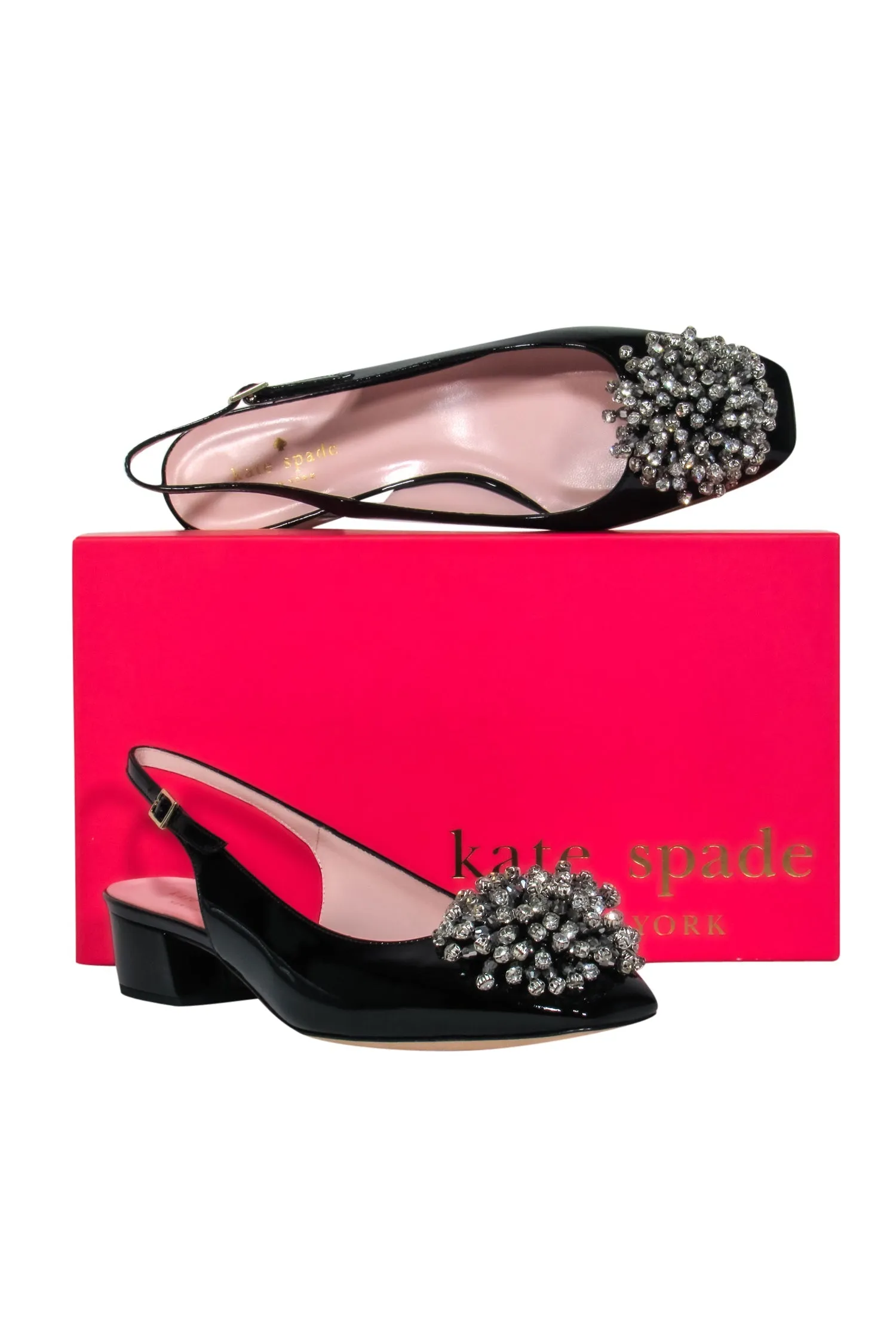 Kate Spade - Black Patent Leather Slingback Block Heels w/ Rhinestone Pomps Sz 8