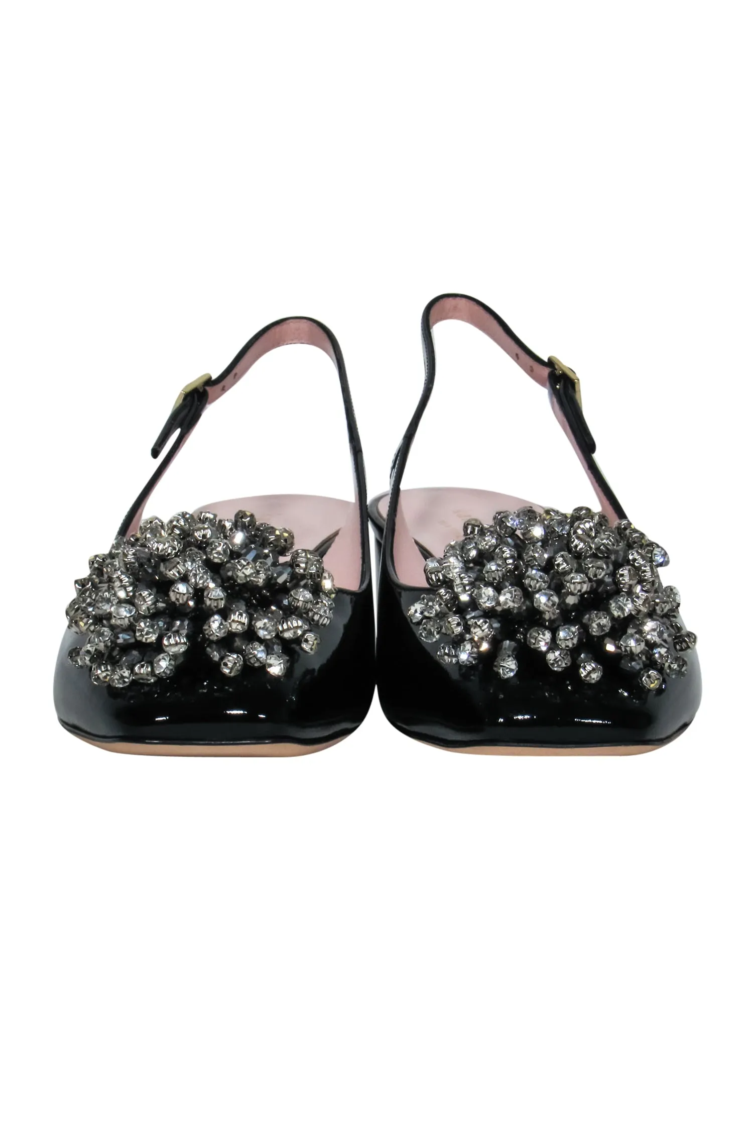 Kate Spade - Black Patent Leather Slingback Block Heels w/ Rhinestone Pomps Sz 8