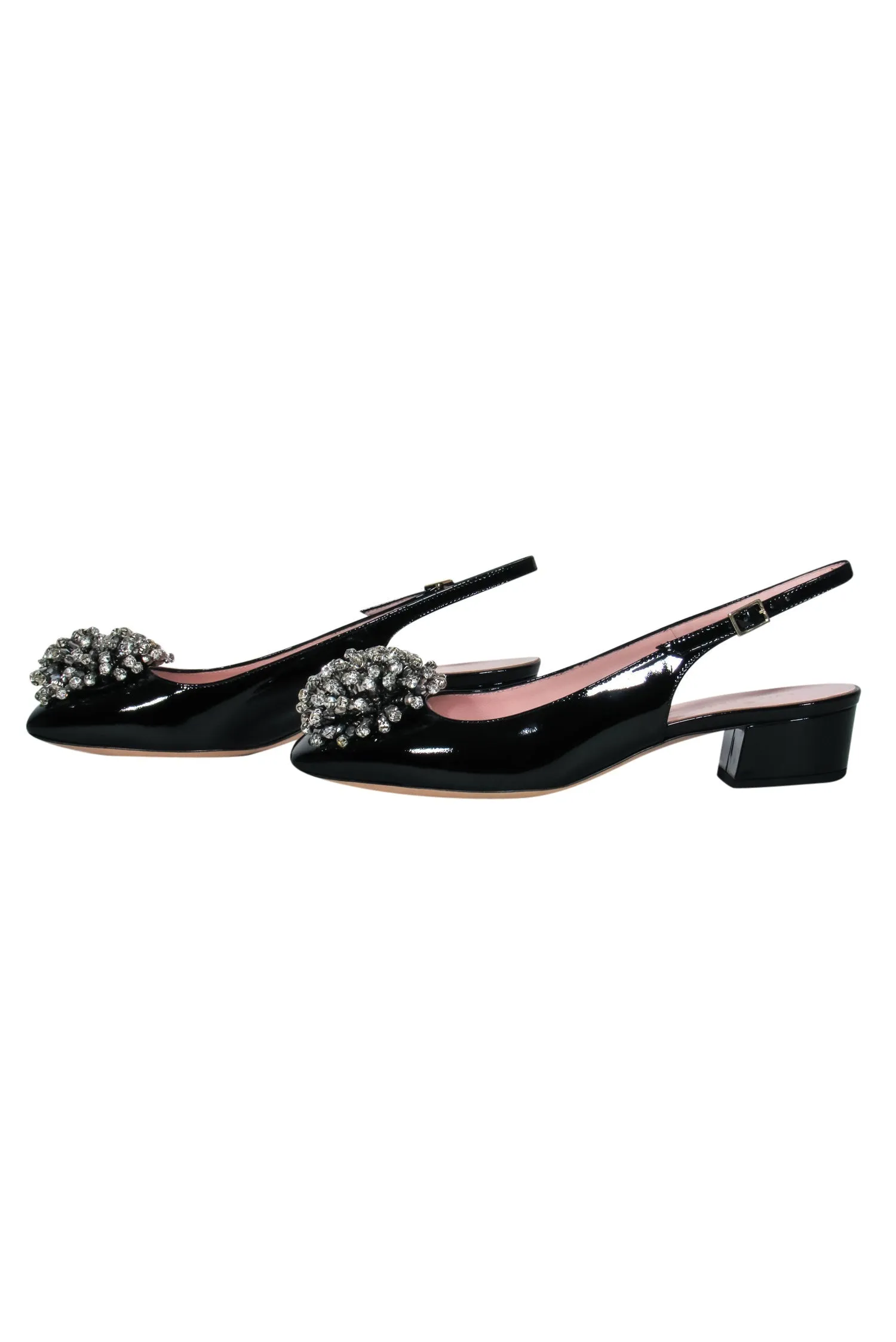 Kate Spade - Black Patent Leather Slingback Block Heels w/ Rhinestone Pomps Sz 8