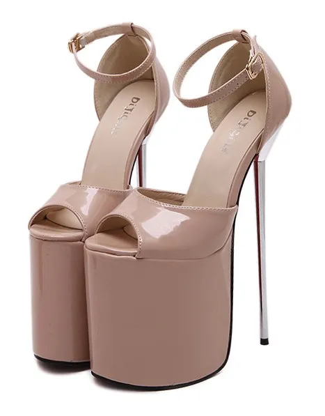 Khaki Patent Leather Peeptoe Sandals with Stiletto High Heels Platforms Shoes