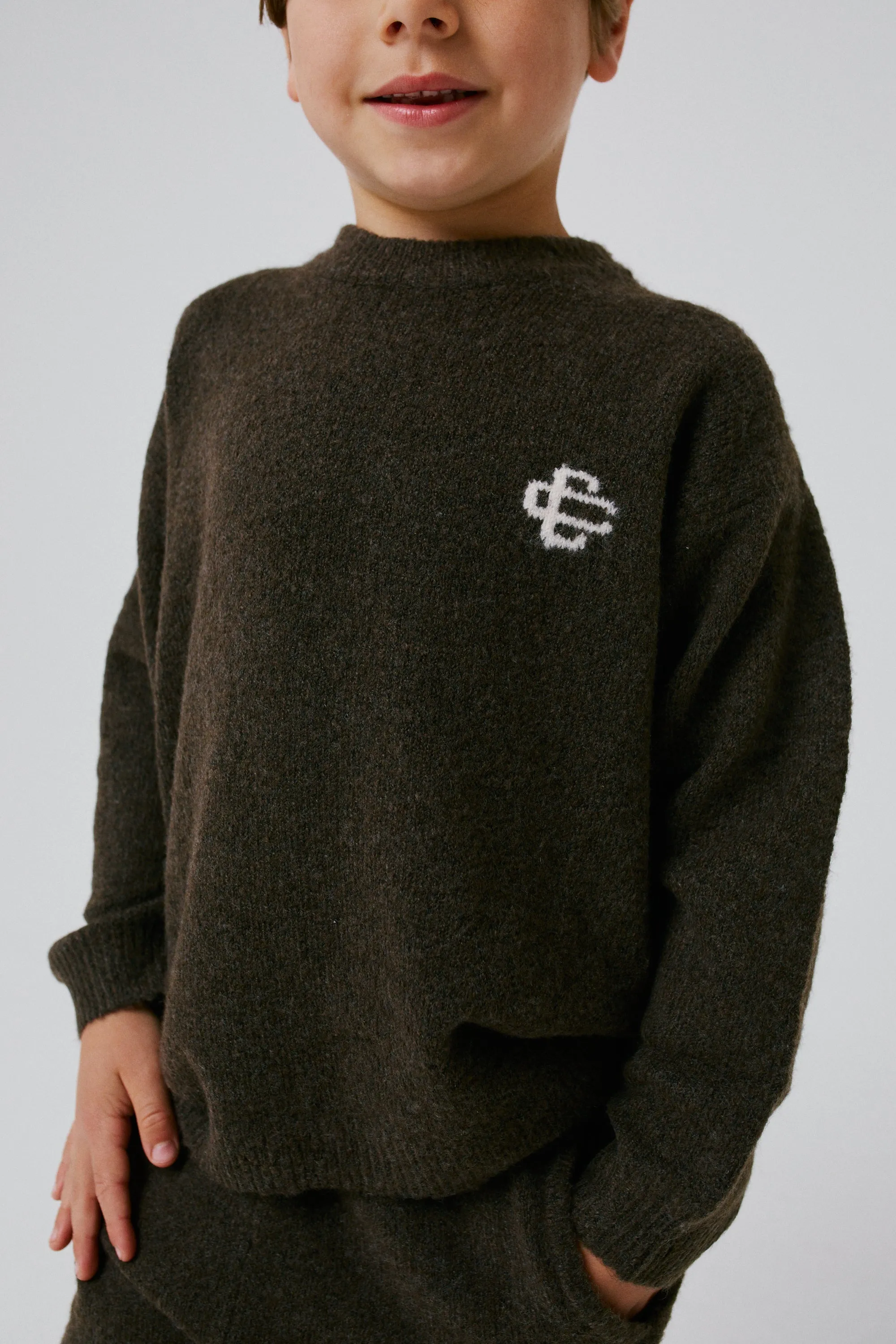 KIDS LIGHTWEIGHT FLUFFY KNIT EMBLEM CREW - BROWN