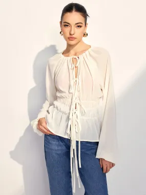 Lace Up Pleated Chiffon Shirt