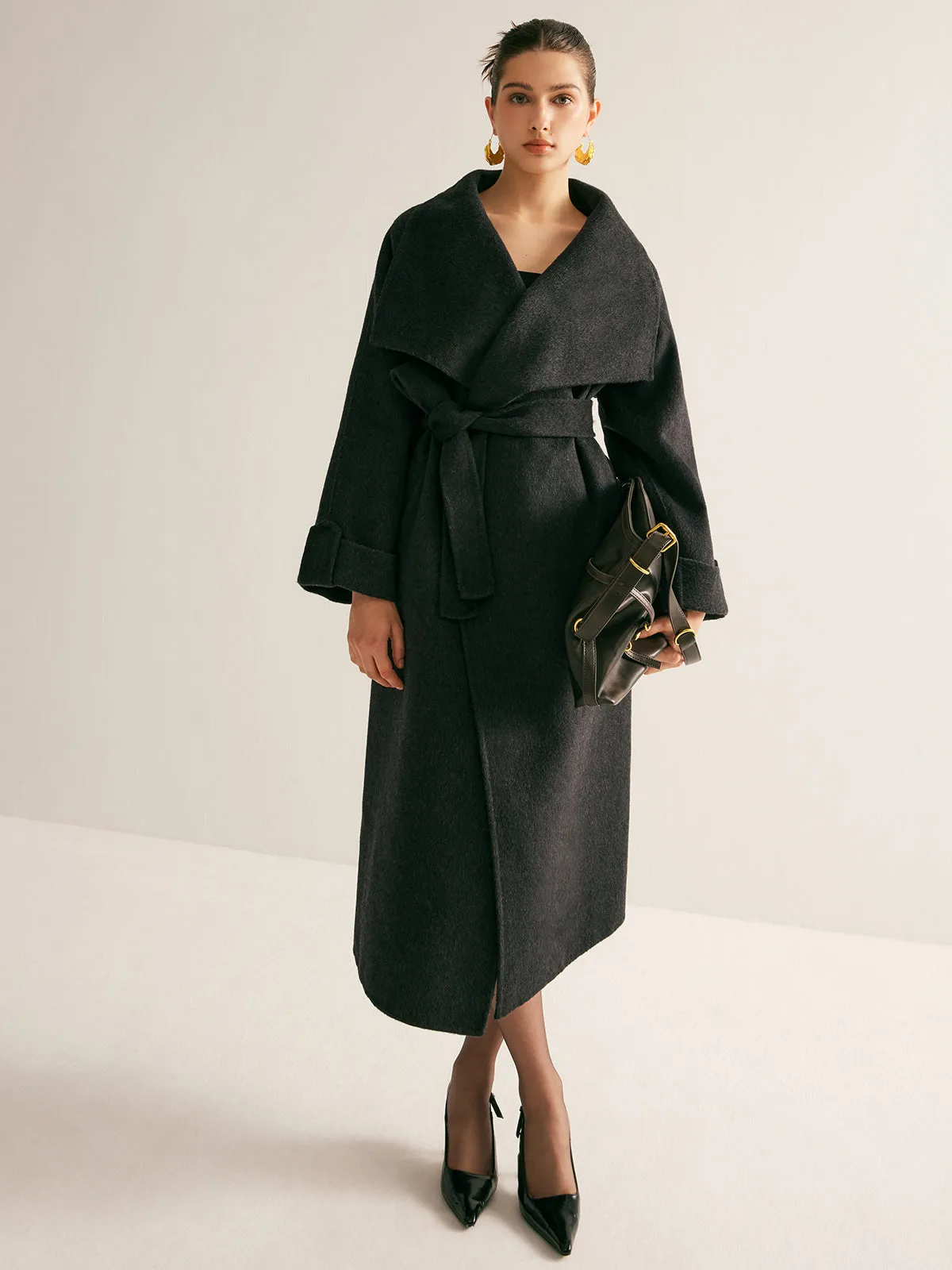 Large Collar Belted Wool Long Coat