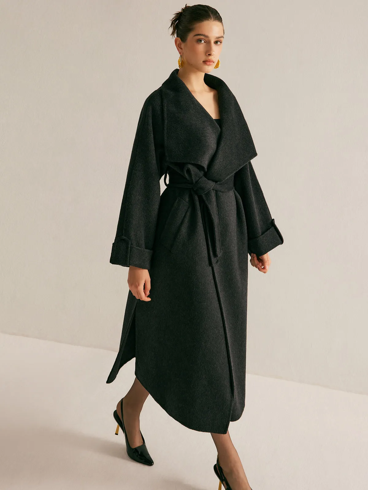 Large Collar Belted Wool Long Coat