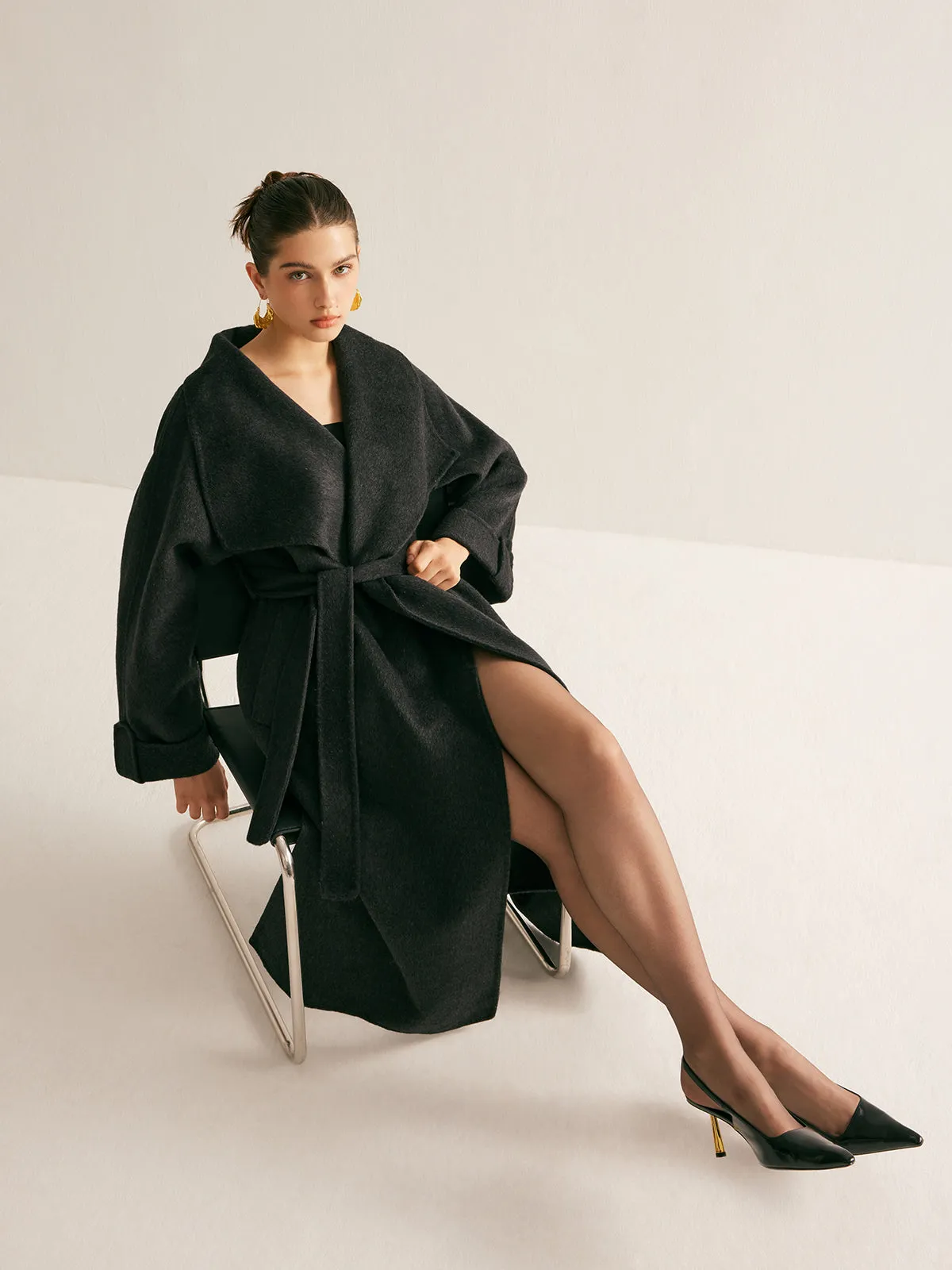 Large Collar Belted Wool Long Coat